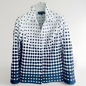 Jones New York M Navy Blue & White Polka Dot Print Button Down Blouse 3/4 Sleeve